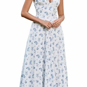 Elegant Blue and White Floral Halter V-Neck Maxi Dress